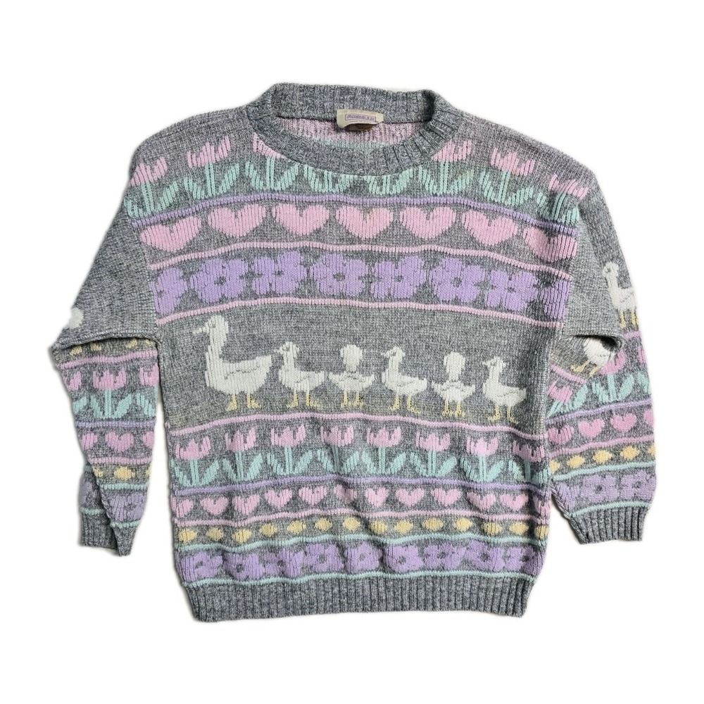 Vintage 80s Arielle Women's Pastel Goose Duck Knit Sweater M Cottagecore USA